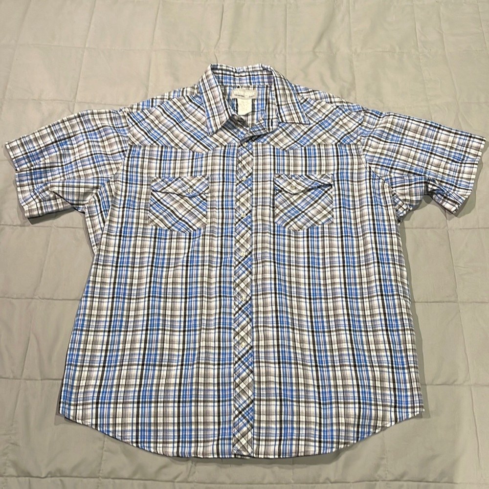 Mens Wrangler western shirt blue black plaid XXL pearl snaps